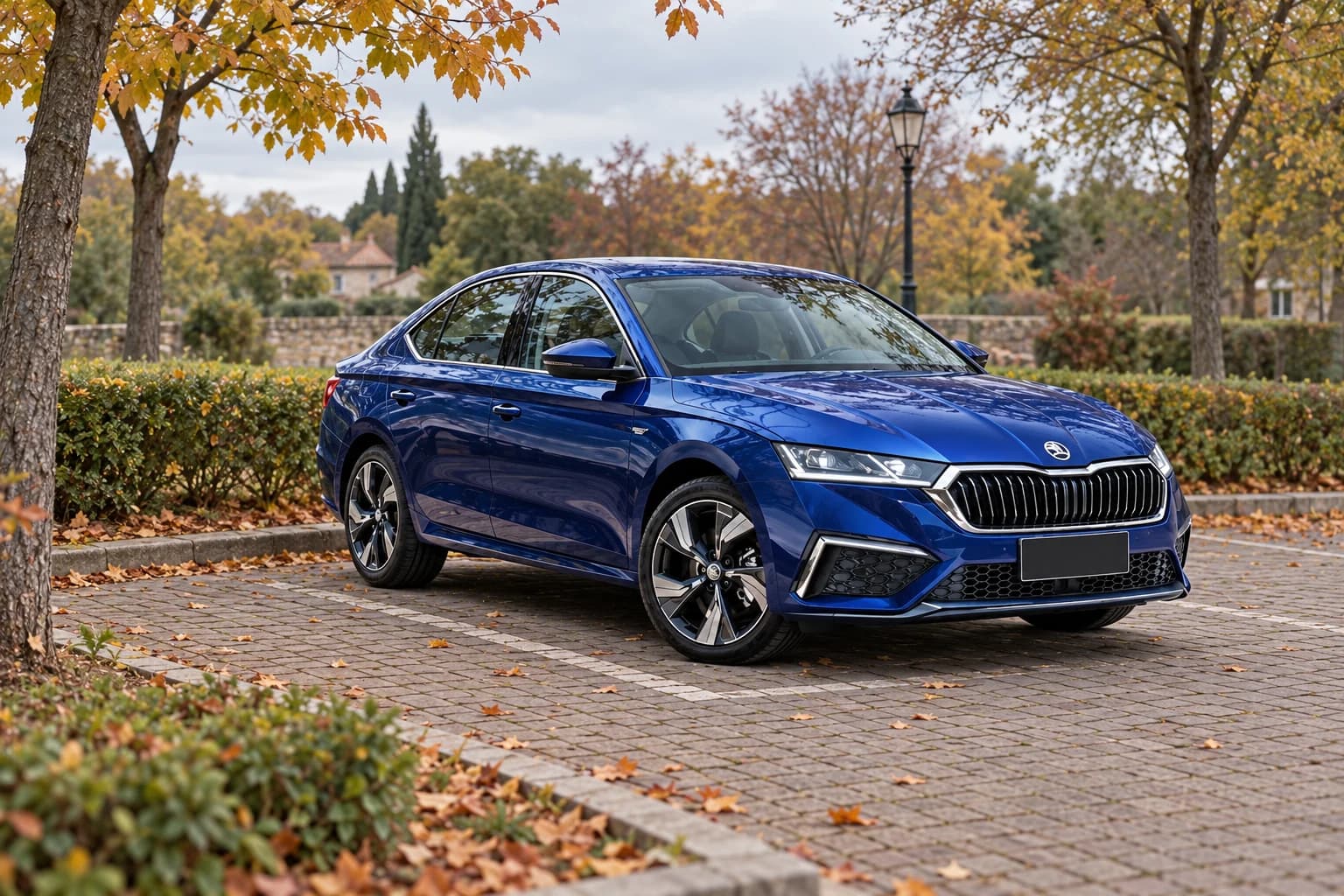 Синяя Skoda Octavia Pro на парковке возле осеннего парка