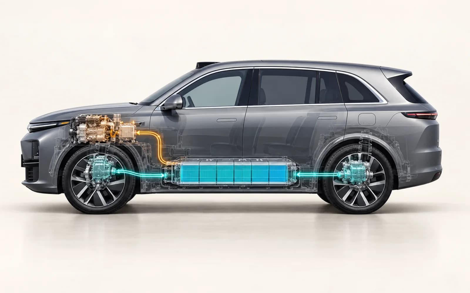 Li Auto L7 сбоку с визуализацией гибридной системы