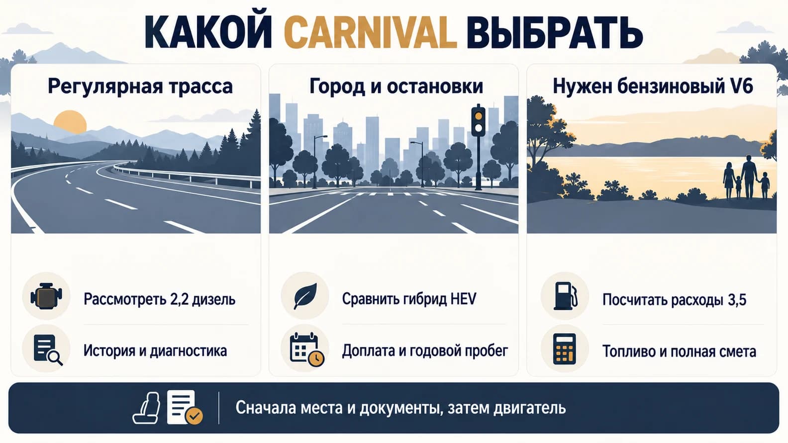 Сценарии выбора Carnival: трасса, городской гибрид и бензиновый V6