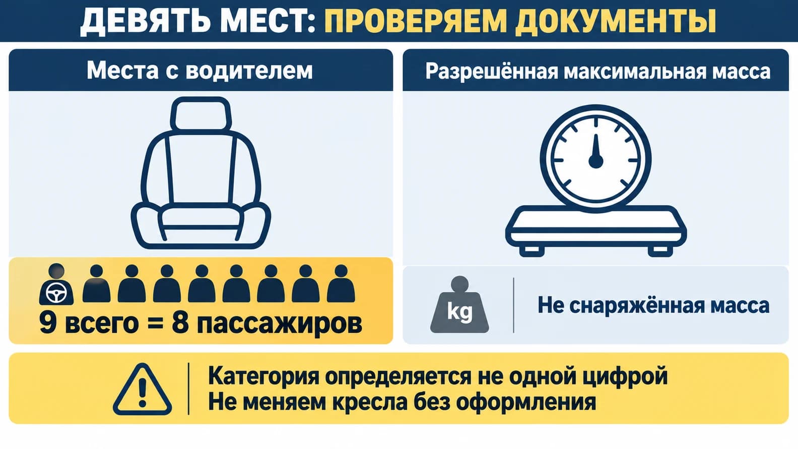 Для девятиместной машины проверяют пассажирские места и разрешённую максимальную массу
