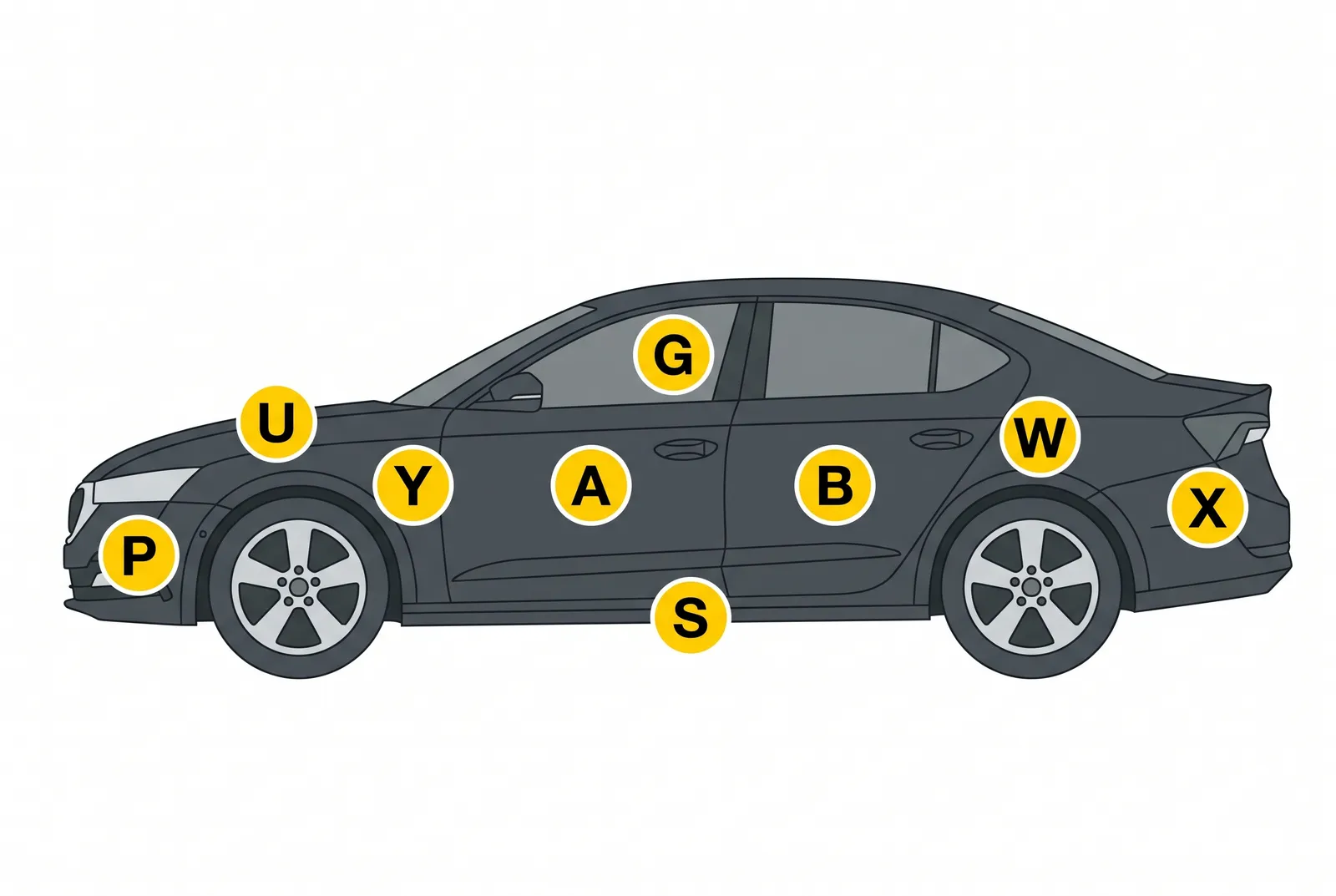 Схема кузова автомобиля с кодами типичных повреждений: G, U, Y, A, B, P, S, W, X