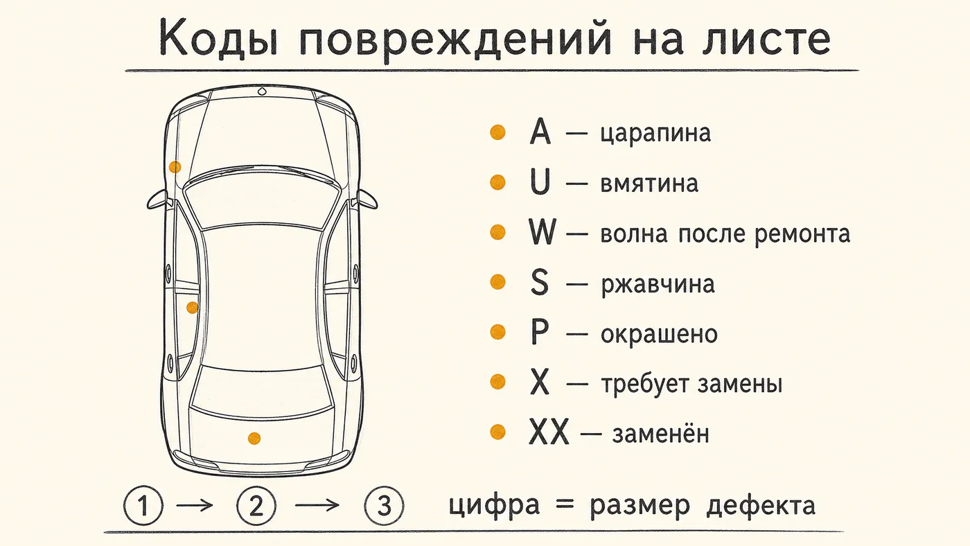 Инфографика: коды повреждений на схеме кузова аукционного листа, A царапина, U вмятина, W волна после ремонта, S ржавчина, X замена