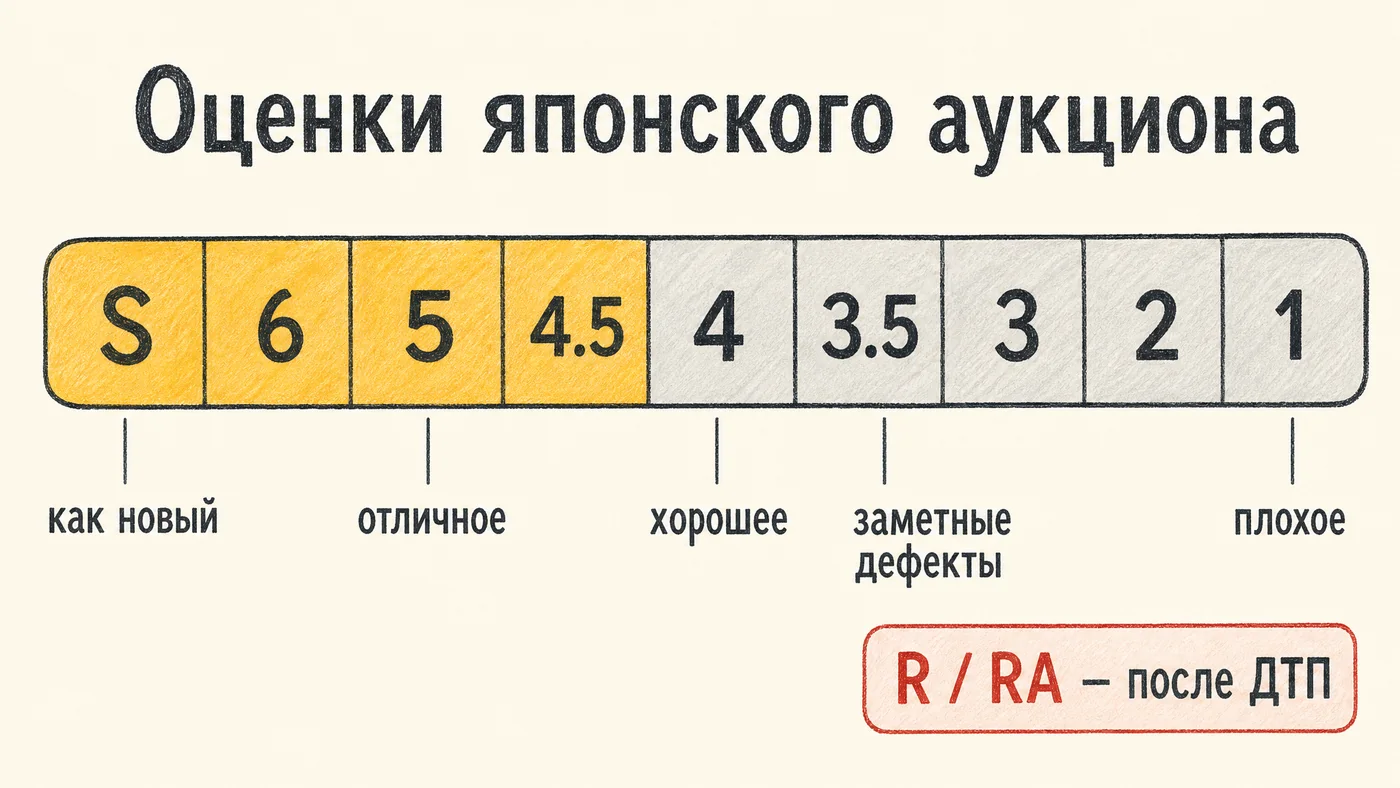 Инфографика: шкала оценок японского аукциона от S до 1, отдельно R и RA после ДТП