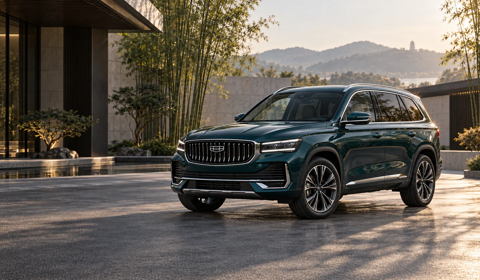 Зелёный Geely Monjaro у современной китайской архитектуры