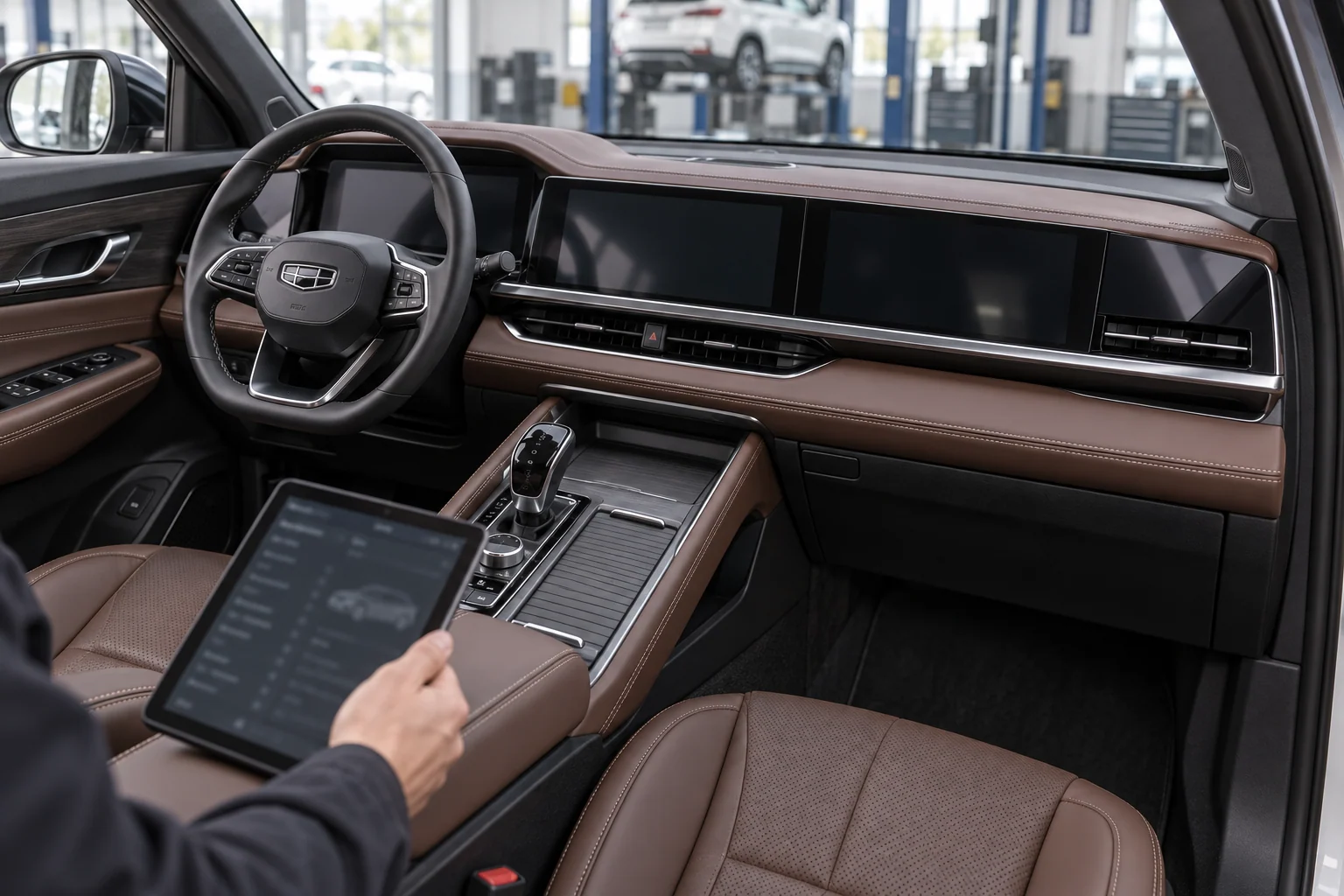Иллюстрация проверки электроники и комплектации Geely Monjaro