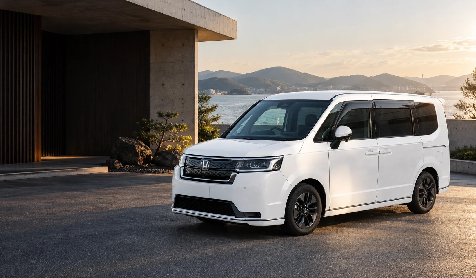Белый Honda Stepwgn SPADA у японской прибрежной архитектуры