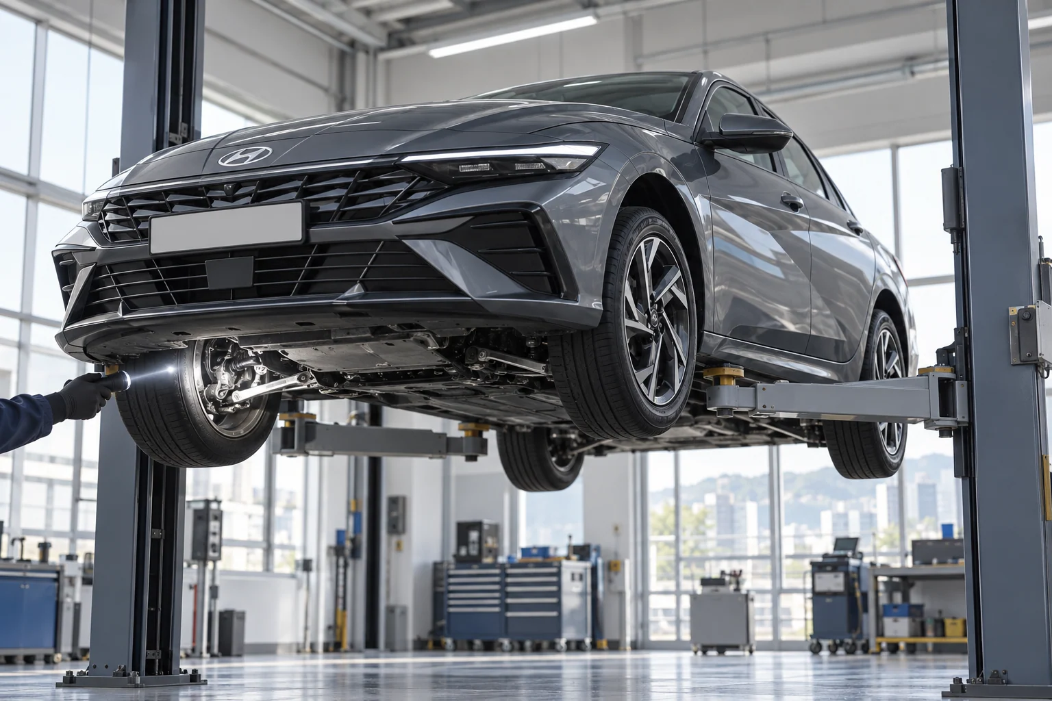 Иллюстрация осмотра Hyundai Elantra на подъёмнике