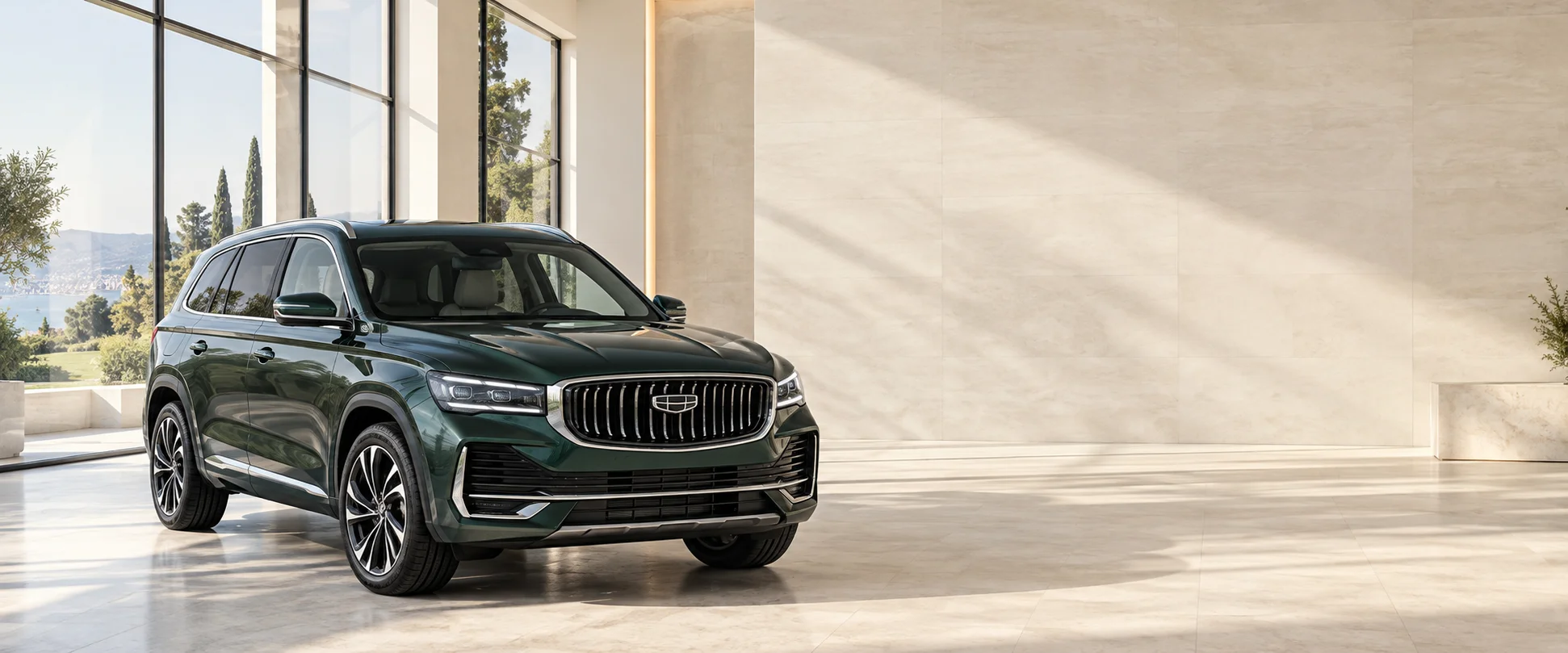 Иллюстрация зелёного Geely Monjaro в светлом автомобильном салоне