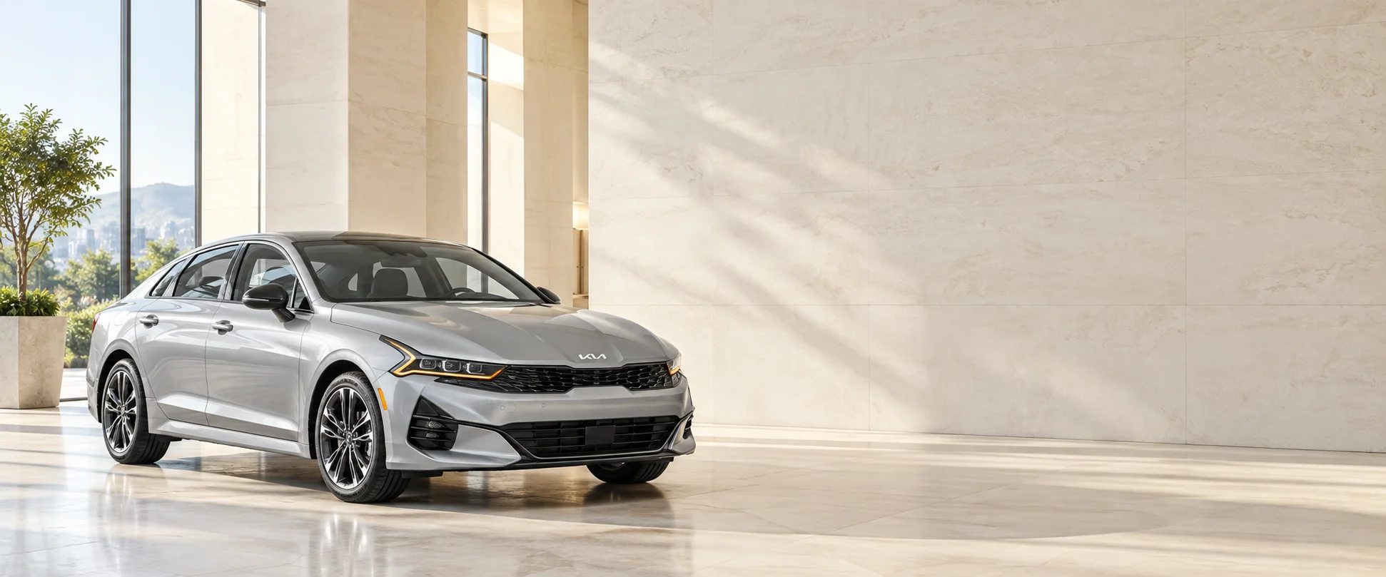 Иллюстрация серебристой Kia K5 в светлом автомобильном салоне