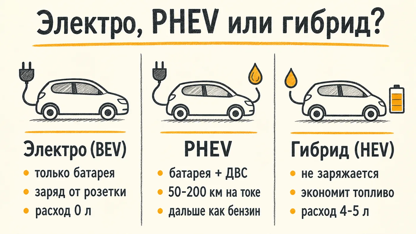 Инфографика: отличия электромобиля, подключаемого гибрида PHEV и обычного гибрида