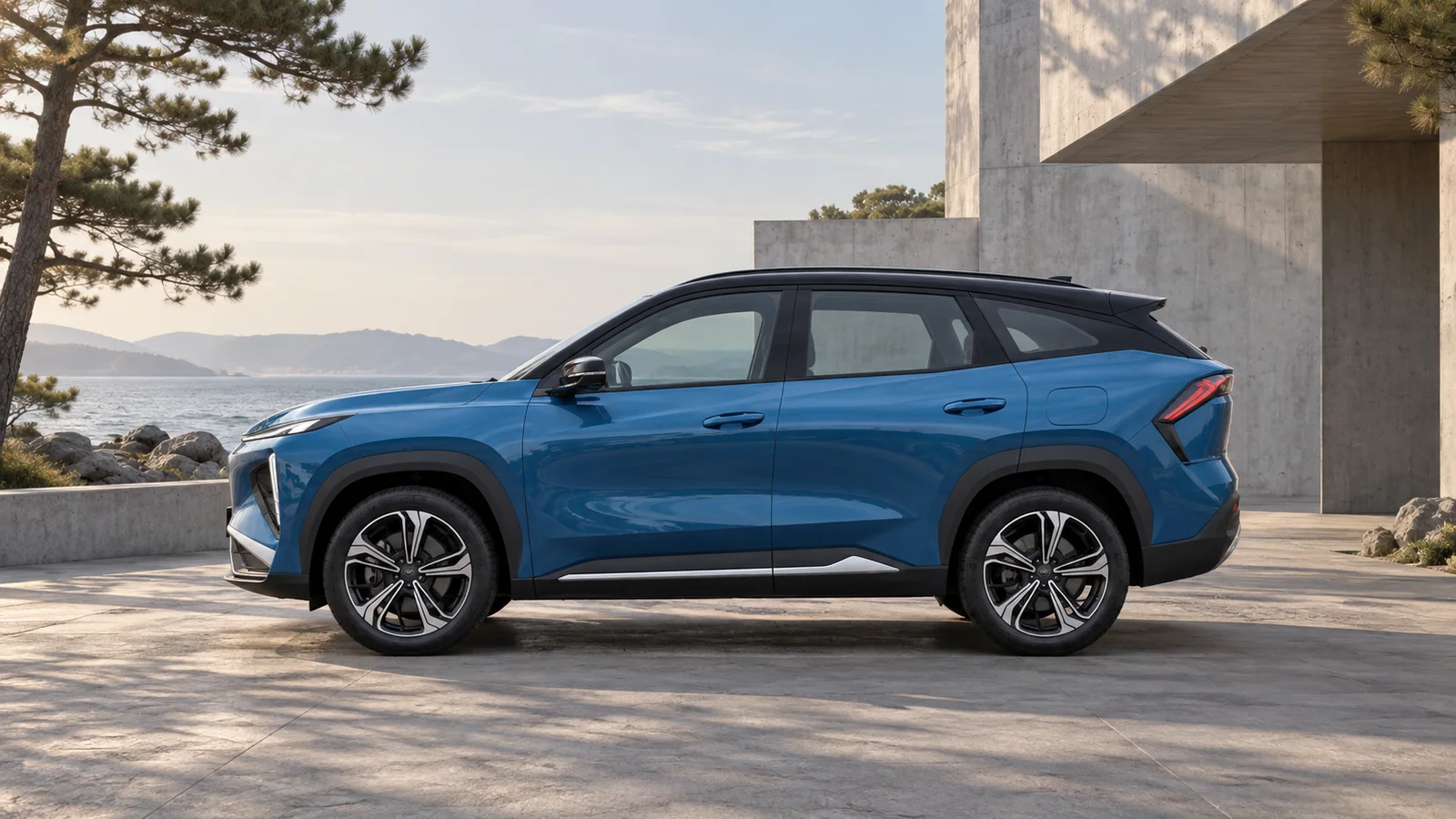 Синий Geely Galaxy L7 в профиль у побережья