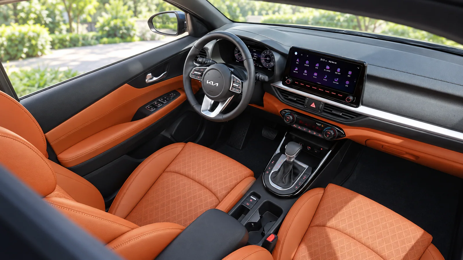 Леворульный салон Kia K3 BD с оранжевой обивкой, отдельными приборами, экраном и напольным селектором IVT