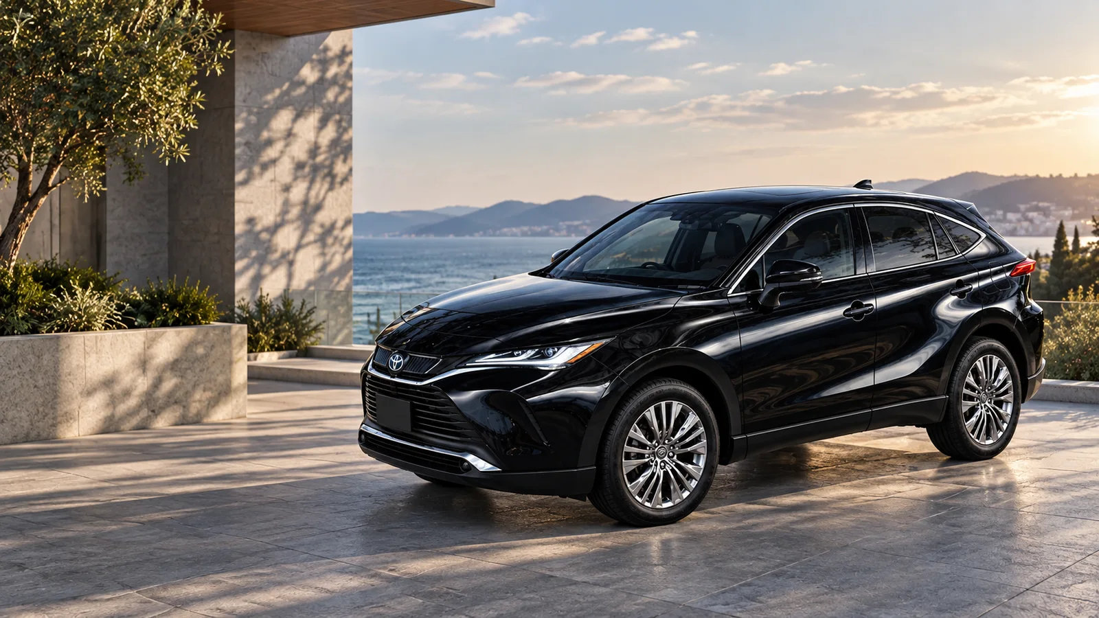 Чёрный Toyota Harrier 80 с заводской эмблемой Toyota, вид спереди