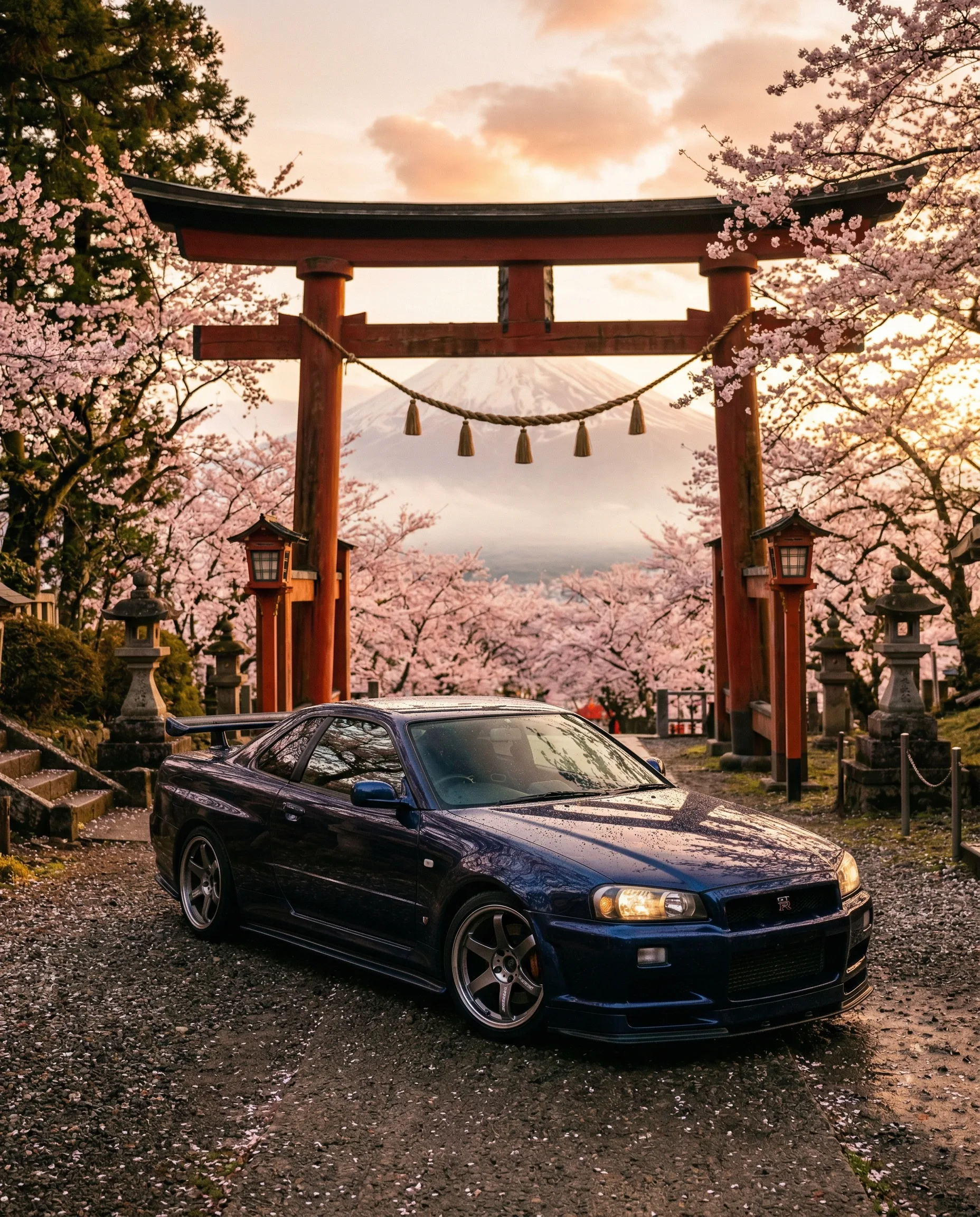 Импорт автомобилей из Японии — JDM спорткар у тории с сакурой